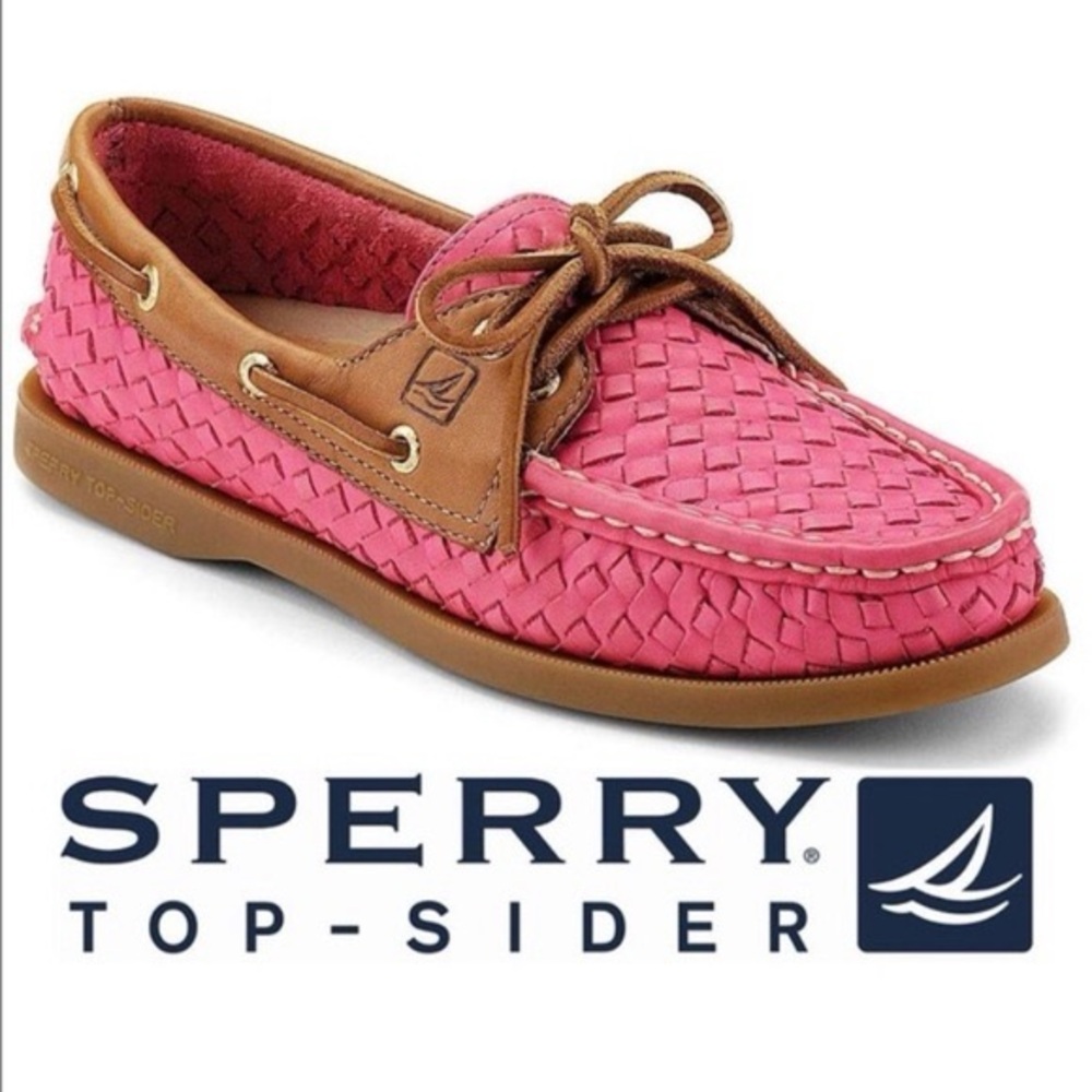 Sperry 9 Woven Pink Tan Loafers Preppy Nautical Leather Boat Shoes Flats Coastal